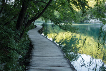 Wooden pathway in Plitvice lakes national park.