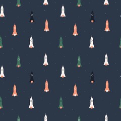 Rocket ship in the open space. Vector element of seamless pattern