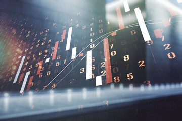 Double exposure of virtual creative financial diagram on contemporary business center exterior background, banking and accounting concept