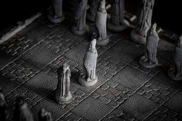 A black and white portrait of the beginning of a strategic game of chess. The duel will be fought...