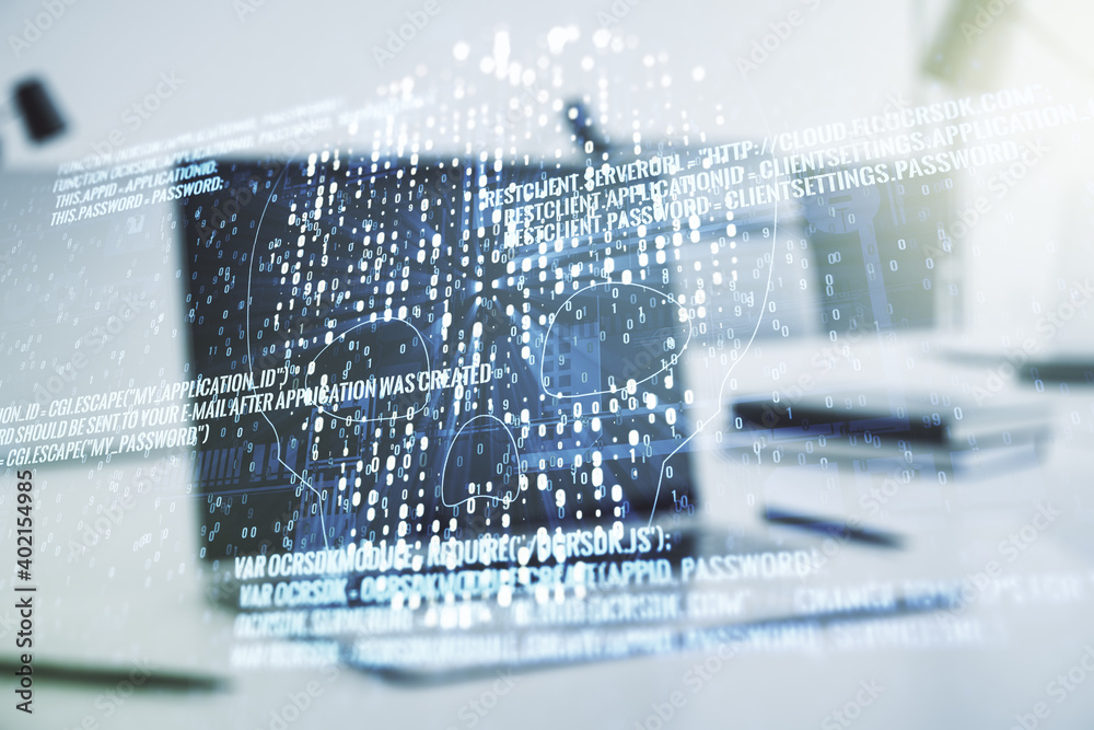 Poster creative code skull sketch on modern laptop background, theft of personal data and malware concept. 