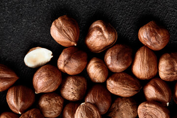 Close up of Hazelnut kernels - Food Frame Background, macro detailed close up.