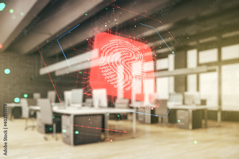 Fototapete multi exposure of virtual graphic fingerprint sketch on a modern furnished classroom background, fin