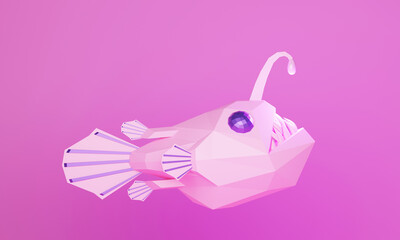 low poly pink angry deep-sea angler fish with sharp teeth, 3d illustration