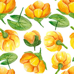 Pattern yellow water lilies on white For decoration of postcards, print, design works, souvenirs, design of fabrics and textiles, packaging design, invitation, wrapping.