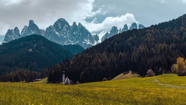 Time Lapse of St. Johann in Ranui, Val di Funes, Dolomites, Italy