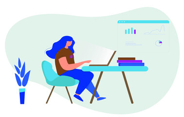 Girl in The Office with a Laptop. Girl Freelancer Working at the Table and Learning Languages or Watching a Video or Webinar.Online Education Concept.Vector Flat Illustration.
