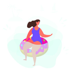 Girl on the beach is sitting on the swim ring in the sea on blue background with palm. Wearing swimsuit. Woman in bikini, holiday design. Vector eps10 illustration.