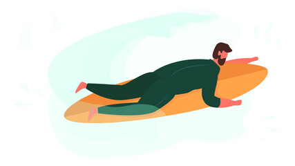 Guy on surfboard in sea. Young man surfer which surfing on big blue wave in wetsuit. Summer activity. Modern vector illustration.