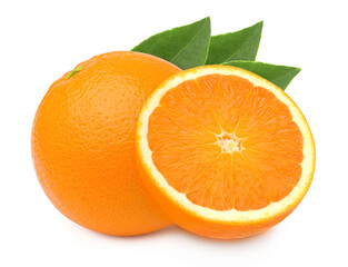 Orange fruit,half and leaves isolated on white background.