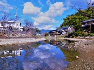 river and old town in Japanese countryside