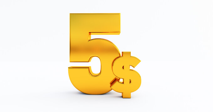 gold 5 dollar price symbol isolated on white background. 3D render