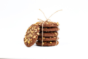 Homemade chocolate chip and oatmeal cookies isolated on white background.
