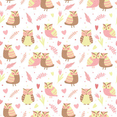 Seamless pattern with owls and hearts. Valentine's Day Background. Vector illustration