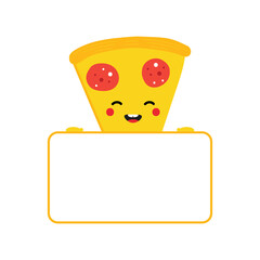 Cute cartoon smiling pizza slice character holding blank, empty card or banner in hands.