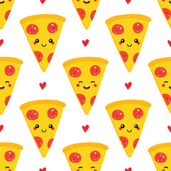 Cute cartoon style pepperoni pizza slice characters and hearts vector seamless pattern background.