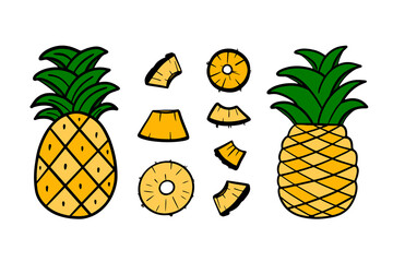 Cute doodle, hand drawn set, collection of pineapples with leaves and pineapple slices for tropical food design.