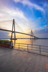 Rach Mieu cable-stayed bridge over Mekong River in sunrise, Tien Giang province, Vietnam.