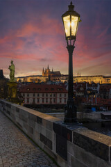  lamp at charles bridge at sunset in Prague evening

