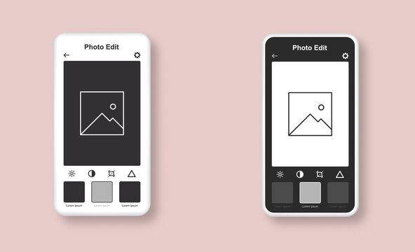 Set of template of photo editor. Smartphone interface mockup with mobile app for edit photo. Vector