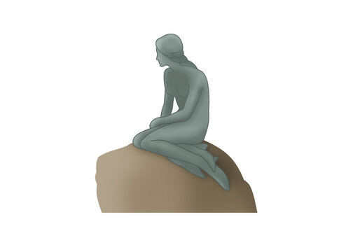 A bronze little Mermaid statue sitting on the rock and looking over the sea at Langelinie promenade in Copenhagen, Denmark
