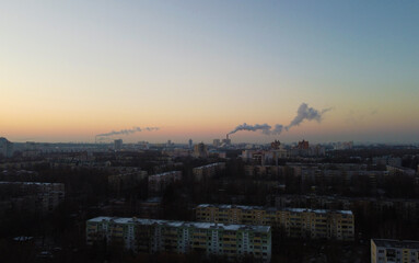 Top view of the sunrise in a european city in winter