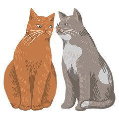 Cute sitting cats couple in love. Hand drawn vector illustration. Romantic animal drawing isolated on white. Cartoon single element for St. Valentine's holiday design, print, sticker, invitation, card