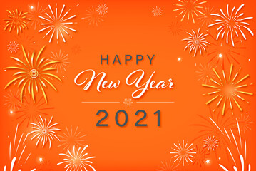 Happy new year 2021 text with fireworks in colorful orange bacgkground