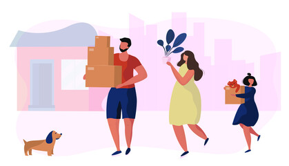 Happy family moving house. Couple with daughter and dog standing near new home. Mother, father and daughter holding boxes and stuff. People moving home. Moving cardboard boxes. Vector illustration