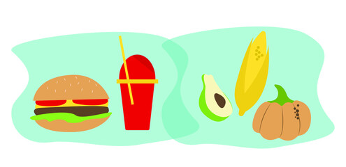 Healthy Food Versus Fast Food.Vegetarianism Versus Meat Eating.Healthy and Fresh Vegetables and Junk Unhealthy Fast Food.Diet -  Vegetables Versus Burger.Flat Vector Illustration