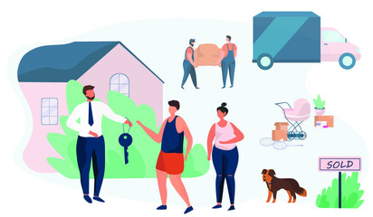 Home For Sale.Family Characters Buy New House.Realtor Gives Key to Family.Property Selling.Pregnant Girl.Moving Home.Moving Truck on Background.Relocation Process.Flat Vector Illustration 