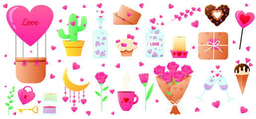 Cute Valentine's Day elements isolated on white background. Heart, glasses, cactus, bouquet, ice cream, lock and key, cup, candle and gift. Vector illustration