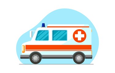 Ambulance car. Hospital transport. Emergency paramedic car symbol, side view. Medical concept. Vector illustration. Design for infographic resources, background, landing page