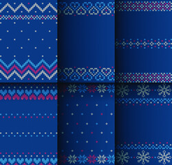 Set of knitted seamless prints. Woolen background. Blue knitted sweater with New Year and Christmas elements. Vector illustration