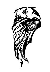 wild eagle owl bird head and feathered wing simple black and white vector outline design