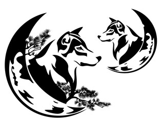 wolf head with moon crescent and pine tree branches - wildlife night nature black and white vector design set