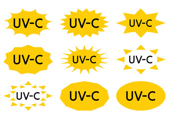 UV sterilization stamp. Sanitation device information sign. UV radiation, solar ultraviolet icons. Antimicrobial UVC Light Sanitation. Surface cleaning, medical decontamination procedure