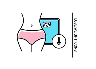 Different icons of losing weight. Image of a slim woman's waist. Slimming icon. Stroke drawings