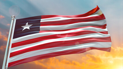 Fototapeta na wymiar Liberia waving flag with texture whith sky and clouds and sunset background