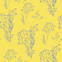 Seamless pattern of different types of field herbs and branches. For paper, covers, fabric, gift wrapping, wall painting, decorative interior design. Vector design against a yellow background.