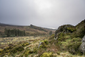 Fototapeta na wymiar Bleak winter panoramic view of Gib Torr, and The Roaches in the Peak District National Park.