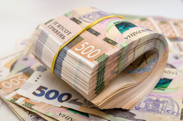 Ukrainian hryvnia, new banknotes of 500 hryvnia. Hryvnia (UAH.) Close-up.