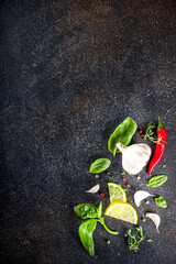 Assortment of spices, herbs and greens