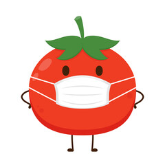 Tomato cartoon. Tomato character design. Tomato on white background. Tomato wearing a face mask.