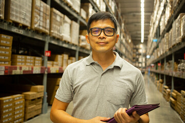 Worker warehouse during check stock product in storehouse. 