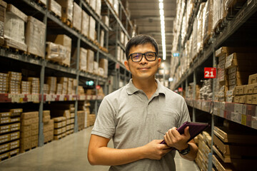 Asian warehouse manager holding tablet for check stock.