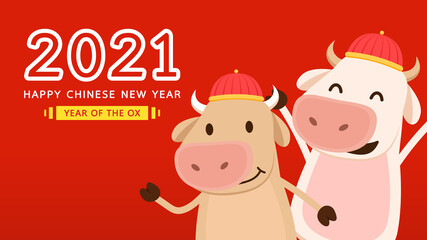 Chinese Happy new year 2021. Happy new year. Year of the Ox. Ox cartoon vector. Ox character design.
