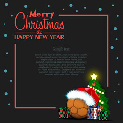 Merry Christmas and Happy New Year. Frame with handball ball, Christmas tree and gift boxes. Greeting card design template with for new year. Vector illustration