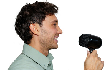 Profile of a young man in formal clothes using a microphone