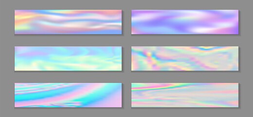 Fototapeta premium Hologram modern banner horizontal fluid gradient unicorn backgrounds vector set. Pearlecent